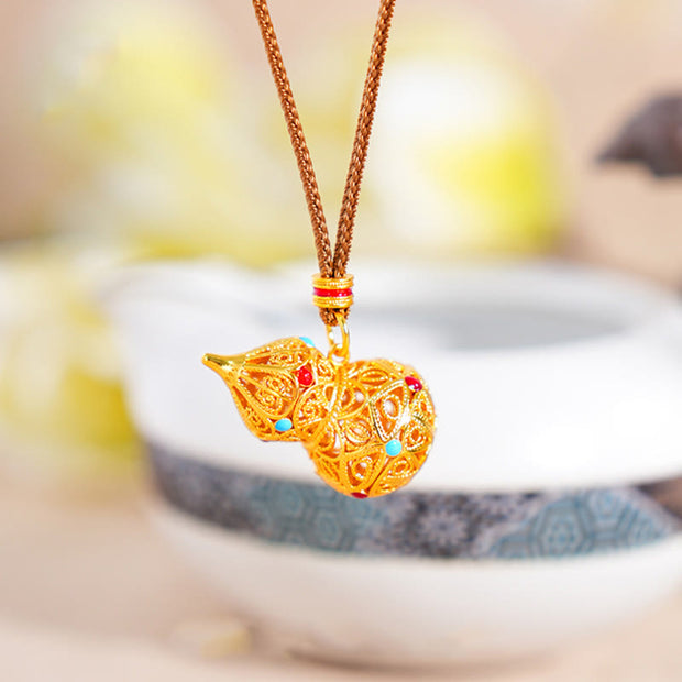 FREE Today: Good Fortune Hollow Gourd Design 24k Gold Plated Brass Rope Necklace Pendant - image 2