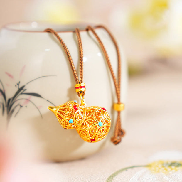 Buddha Stones Hollow Gourd Design 24k Gold Plated Brass Rope Necklace Pendant - Gourd(Size: 19.5*34.2mm) - image 1