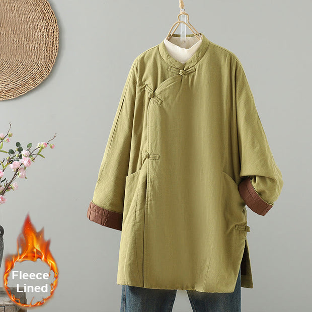 Buddha Stones Frog-button Fleece Lined Women's Cotton Coat With Pockets - YellowGreen - US14，UK/AU18，EU46 (2XL) - image 0