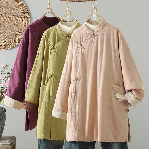 Buddha Stones Frog-button Fleece Lined Women's Cotton Coat With Pockets - image 1