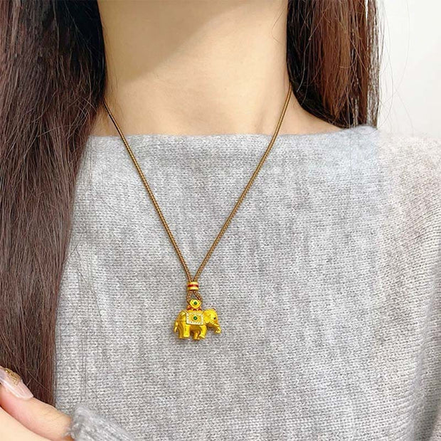 Buddha Stones 24k Gold Plated Brass Elephant Charm Strength Rope Necklace Pendant - image 9