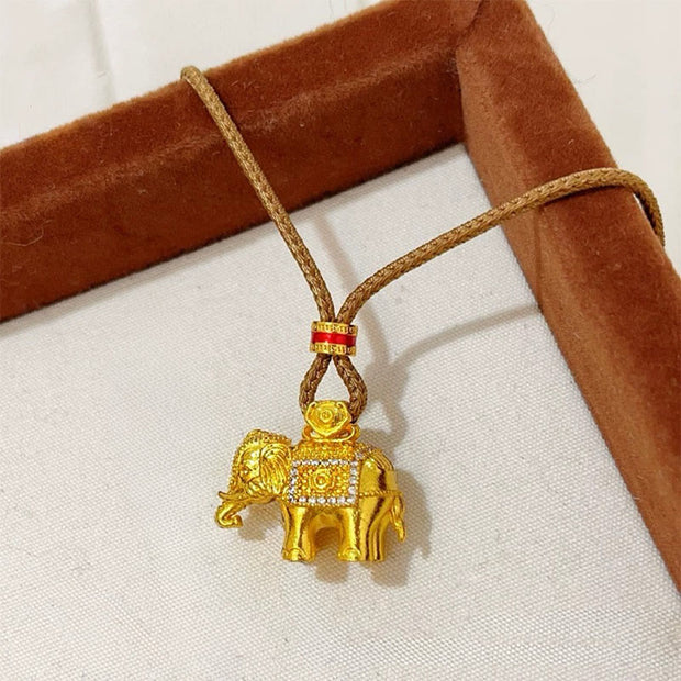 Buddha Stones 24k Gold Plated Brass Elephant Charm Strength Rope Necklace Pendant - image 1