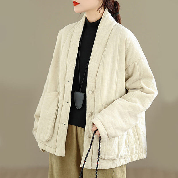 Buddha Stones Winter Solid Long Sleeve Cotton Women's Thermal Jacket With Pockets - Beige - US12，UK/AU16，EU44 (2XL) - image 0