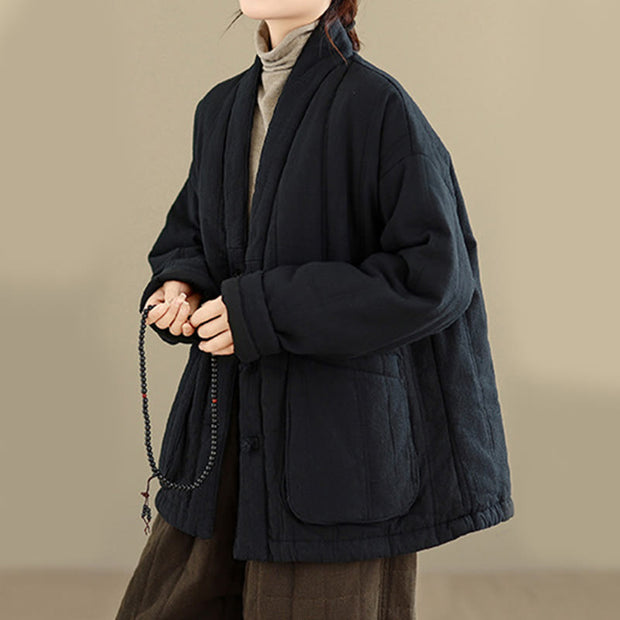 Buddha Stones Winter Solid Long Sleeve Cotton Women's Thermal Jacket With Pockets - image 20