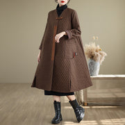 Buddha Stones Diamond Pattern Mid-length Women's Cotton Coat With Pockets - SaddleBrown - US14，UK/AU18，EU46 (2XL) - image 9