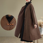 Buddha Stones Diamond Pattern Mid-length Women's Cotton Coat With Pockets - image 16