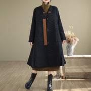 Buddha Stones Diamond Pattern Mid-length Women's Cotton Coat With Pockets - Black - US14，UK/AU18，EU46 (2XL) - image 0