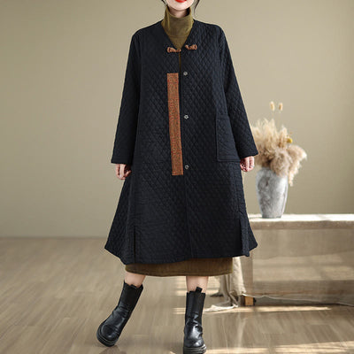 Buddha Stones Diamond Pattern Mid-length Women's Cotton Coat With Pockets - Black - US14，UK/AU18，EU46 (2XL) - image 0