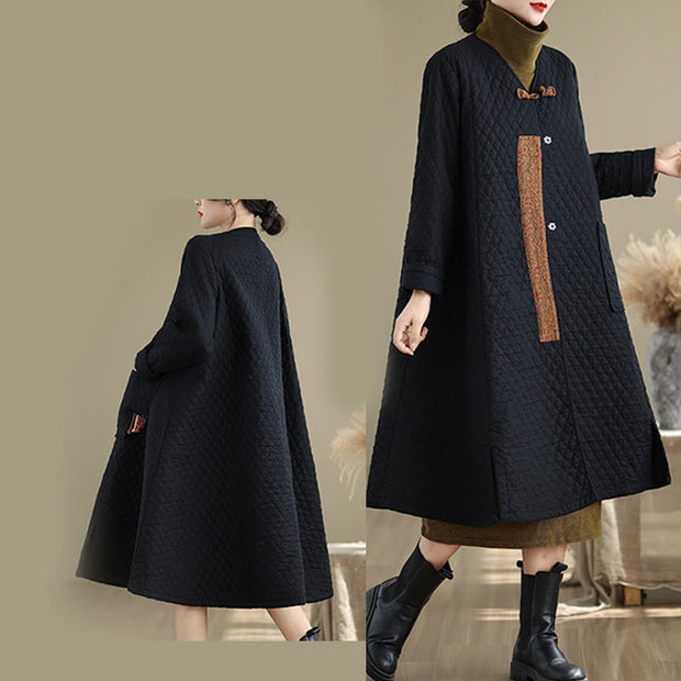 Buddha Stones Diamond Pattern Mid-length Women's Cotton Coat With Pockets - image 7