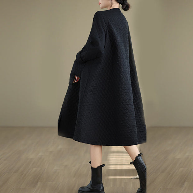 Buddha Stones Diamond Pattern Mid-length Women's Cotton Coat With Pockets - image 4