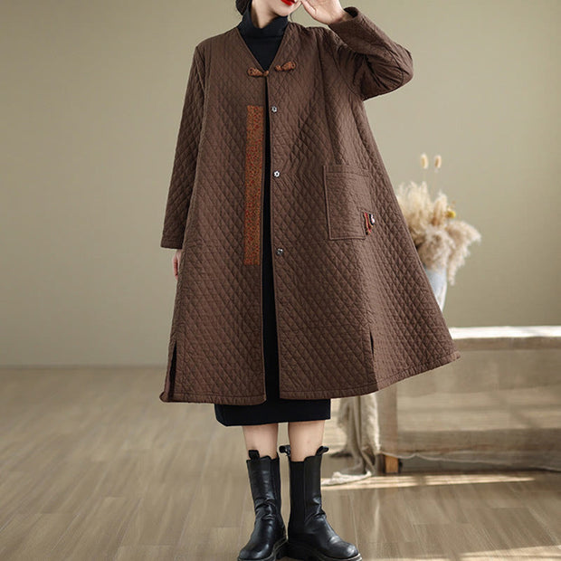 Buddha Stones Diamond Pattern Mid-length Women's Cotton Coat With Pockets - image 10