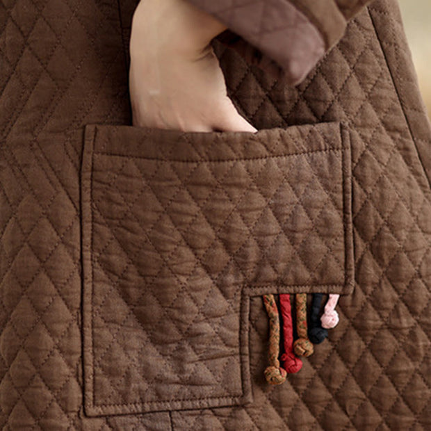 Buddha Stones Diamond Pattern Mid-length Women's Cotton Coat With Pockets - image 19