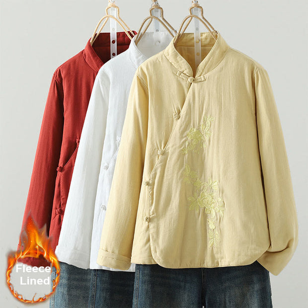 Buddha Stones Winter Solid Flower Long Sleeve Cotton Women's Thermal Jacket - image 39