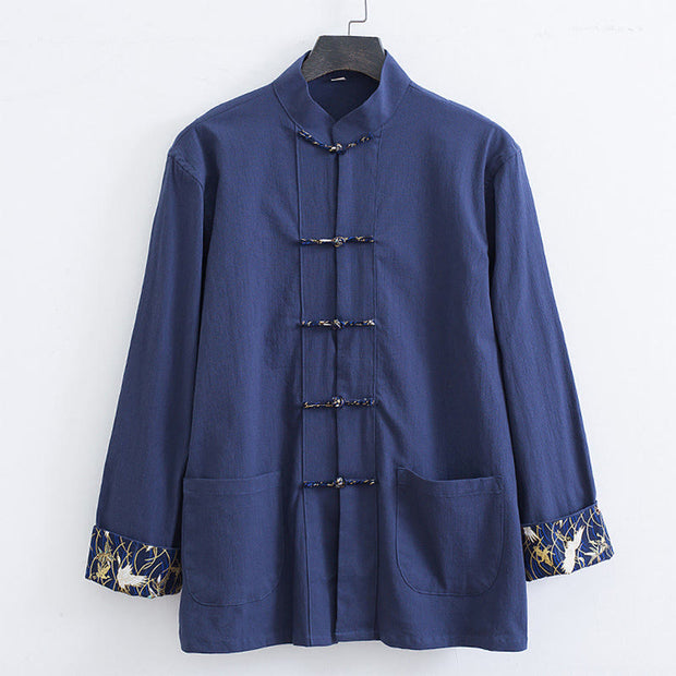 Buddha Stones PLUS SIZE Spring Cranes Design Men's Frog-Button Cotton Linen Long Sleeve Jacket - image 10