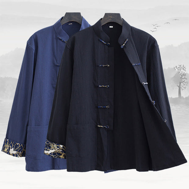 Buddha Stones PLUS SIZE Spring Cranes Design Men's Frog-Button Cotton Linen Long Sleeve Jacket - image 1