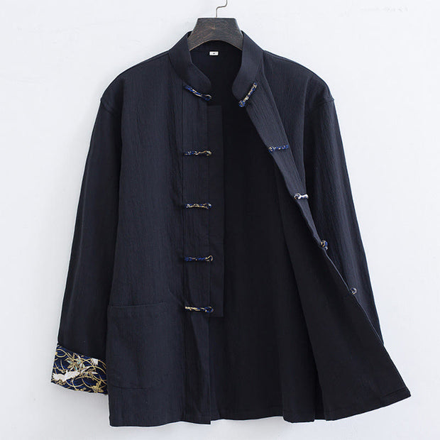 Buddha Stones PLUS SIZE Spring Cranes Design Men's Frog-Button Cotton Linen Long Sleeve Jacket - Black - US/UK/AU52，EU62 (8XL) - image 0