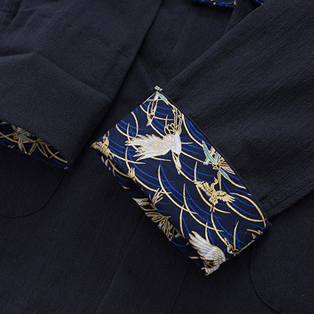 Buddha Stones PLUS SIZE Spring Cranes Design Men's Frog-Button Cotton Linen Long Sleeve Jacket - image 6