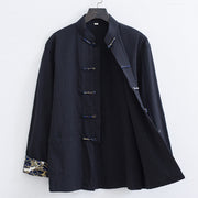 Buddha Stones Spring Cranes Design Men's Frog-Button Cotton Linen Long Sleeve Jacket - Black - US/UK/AU52，EU62 (8XL) - image 0