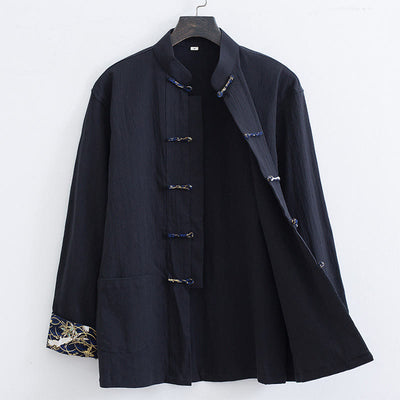 Buddha Stones Spring Cranes Design Men's Frog-Button Cotton Linen Long Sleeve Jacket - Black - US/UK/AU52，EU62 (8XL) - image 0