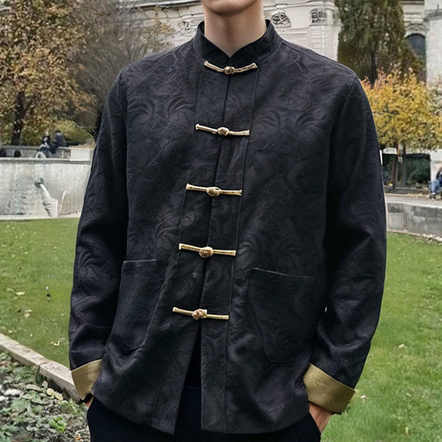 Buddha Stones Spring Jacquard Men's Frog-Button Cotton Long Sleeve Jacket With Pockets - image 3