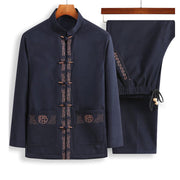 Buddha Stones Fu Character Embroidery Tang Suit Frog-Button Men's Long Sleeve Jacket Shirt Pants - SteelBlue Jacket+Black Pants - US/UK/AU44，EU54 (4XL) - image 5