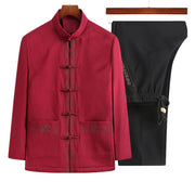 Buddha Stones Fu Character Embroidery Tang Suit Frog-Button Men's Long Sleeve Jacket Shirt Pants - Red Jacket+Black Pants - US/UK/AU44，EU54 (4XL) - image 7