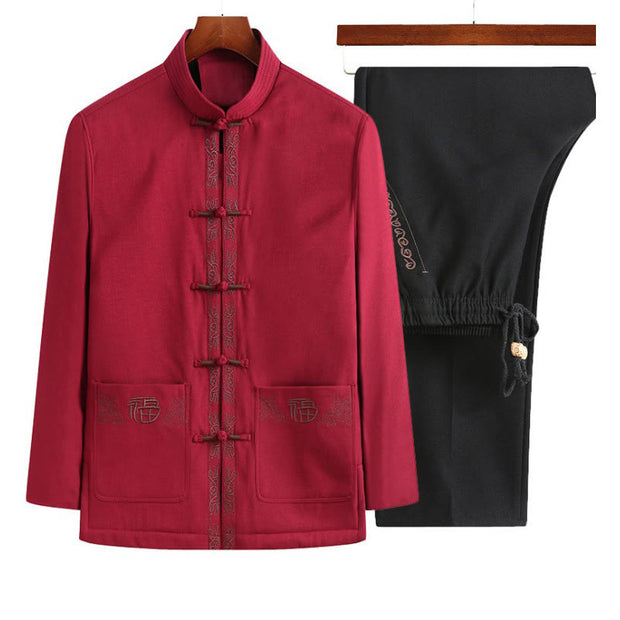 Buddha Stones Fu Character Embroidery Tang Suit Frog-Button Men's Long Sleeve Jacket Shirt Pants - Red Jacket+Black Pants - US/UK/AU44，EU54 (4XL) - image 7