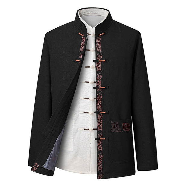 Buddha Stones Fu Character Embroidery Tang Suit Frog-Button Men's Long Sleeve Jacket Shirt Pants - Black Jacket(Jacket Only) - US/UK/AU44，EU54 (4XL) - image 8