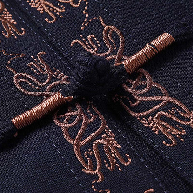 Buddha Stones Fu Character Embroidery Tang Suit Frog-Button Men's Long Sleeve Jacket Shirt Pants - image 2