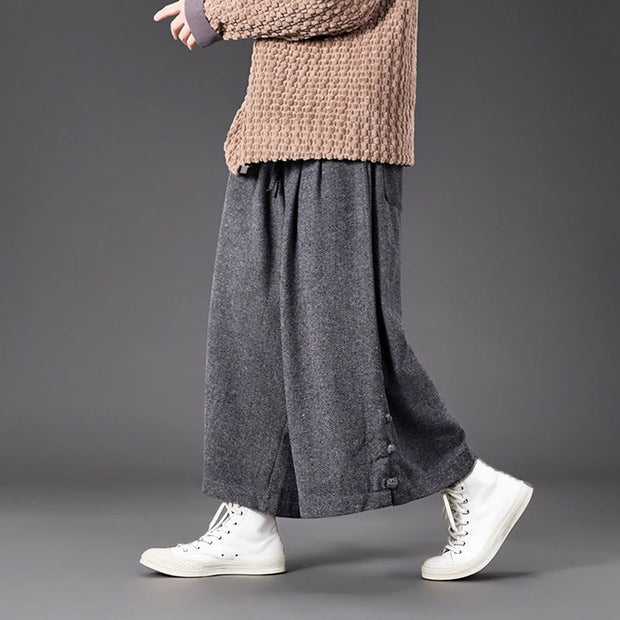 Buddha Stones Winter Chinese Frog-Button Design Corduroy Thermal Men's Wide Leg Pants With Pockets - image 23