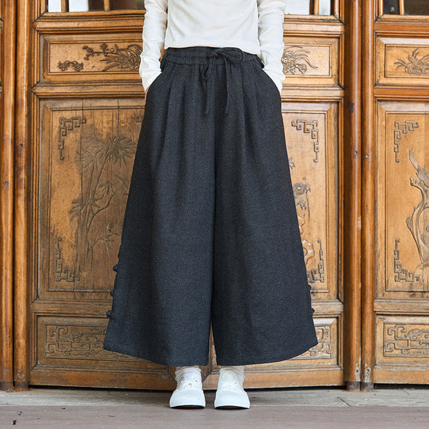 Buddha Stones Winter Chinese Frog-Button Design Corduroy Thermal Men's Wide Leg Pants With Pockets - image 2