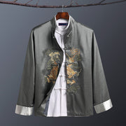 Buddha Stones Spring Fall Dragon Embroidery Frog-Button Long Sleeve Men's Jacket - One Dragon Grey - US/UK/AU42，EU52 (3XL) - image 0