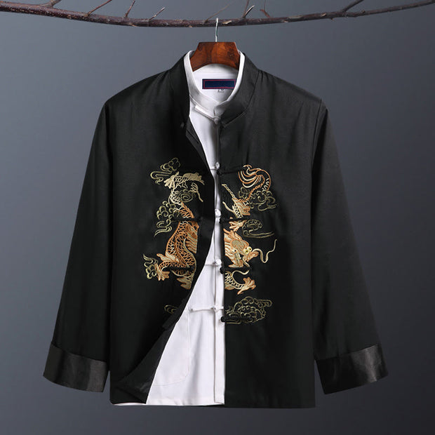 Buddha Stones Spring Fall Dragon Embroidery Frog-Button Long Sleeve Men's Jacket - One Dragon Black - US/UK/AU42，EU52 (3XL) - image 8
