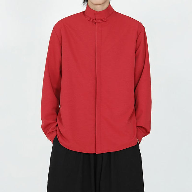 Buddha Stones Solid Color One Frog-Button Long Sleeve Cotton Men's Shirt - Red - US/UK/AU46，EU56 (5XL) - image 10