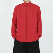 Buddha Stones Solid Color One Frog-Button Long Sleeve Cotton Men's Shirt - Red - US/UK/AU46，EU56 (5XL) - image 10