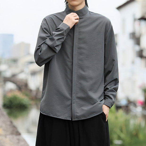 Buddha Stones Solid Color One Frog-Button Long Sleeve Cotton Men's Shirt - image 2