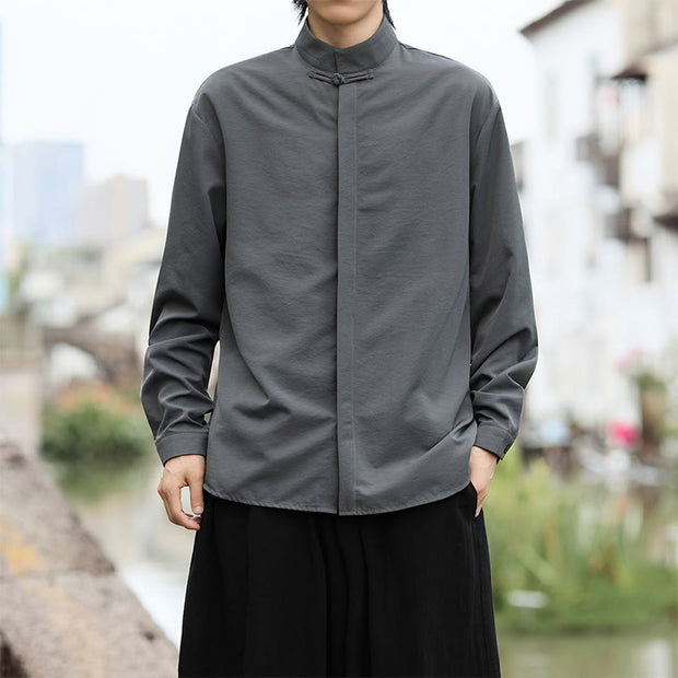 Buddha Stones Solid Color One Frog-Button Long Sleeve Cotton Men's Shirt - image 3