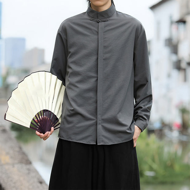 Buddha Stones Solid Color One Frog-Button Long Sleeve Cotton Men's Shirt - image 4