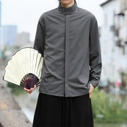 Buddha Stones Solid Color One Frog-Button Long Sleeve Cotton Men's Shirt - image 4