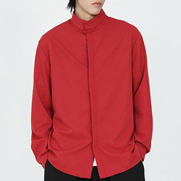 Buddha Stones Solid Color One Frog-Button Long Sleeve Cotton Men's Shirt - image 14