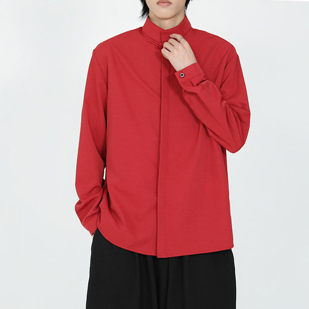 Buddha Stones Solid Color One Frog-Button Long Sleeve Cotton Men's Shirt - image 13