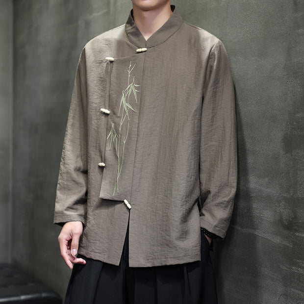 Buddha Stones Fall Solid Color Bamboo Leaf Embroidery Men's Long Sleeve Cotton Linen Shirt - image 1