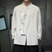 Buddha Stones Fall Solid Color Bamboo Leaf Embroidery Men's Long Sleeve Cotton Linen Shirt - Beige - US/UK/AU46，EU56 (5XL) - image 7