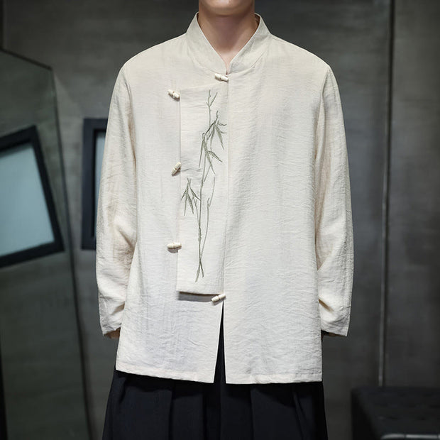 Buddha Stones Fall Solid Color Bamboo Leaf Embroidery Men's Long Sleeve Cotton Linen Shirt - Beige - US/UK/AU46，EU56 (5XL) - image 7