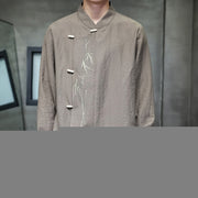 Buddha Stones Fall Solid Color Bamboo Leaf Embroidery Men's Long Sleeve Cotton Linen Shirt - Tan - US/UK/AU46，EU56 (5XL) - image 0