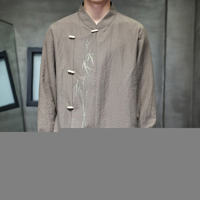 Buddha Stones Fall Solid Color Bamboo Leaf Embroidery Men's Long Sleeve Cotton Linen Shirt - Tan - US/UK/AU46，EU56 (5XL) - image 0