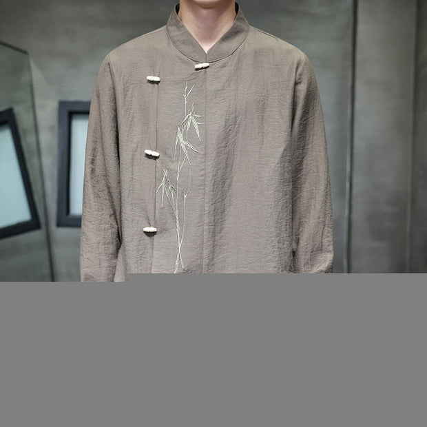 Buddha Stones Fall Solid Color Bamboo Leaf Embroidery Men's Long Sleeve Cotton Linen Shirt - Tan - US/UK/AU46，EU56 (5XL) - image 0