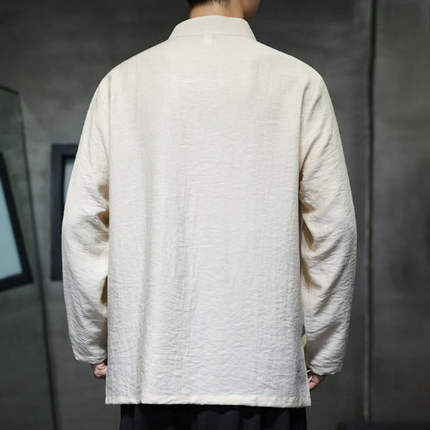 Buddha Stones Fall Solid Color Bamboo Leaf Embroidery Men's Long Sleeve Cotton Linen Shirt - image 9