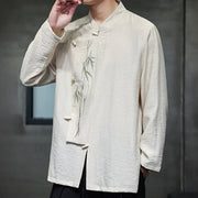 Buddha Stones Fall Solid Color Bamboo Leaf Embroidery Men's Long Sleeve Cotton Linen Shirt - image 8