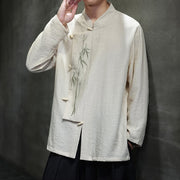 Buddha Stones Fall Solid Color Bamboo Leaf Embroidery Men's Long Sleeve Cotton Linen Shirt - image 12